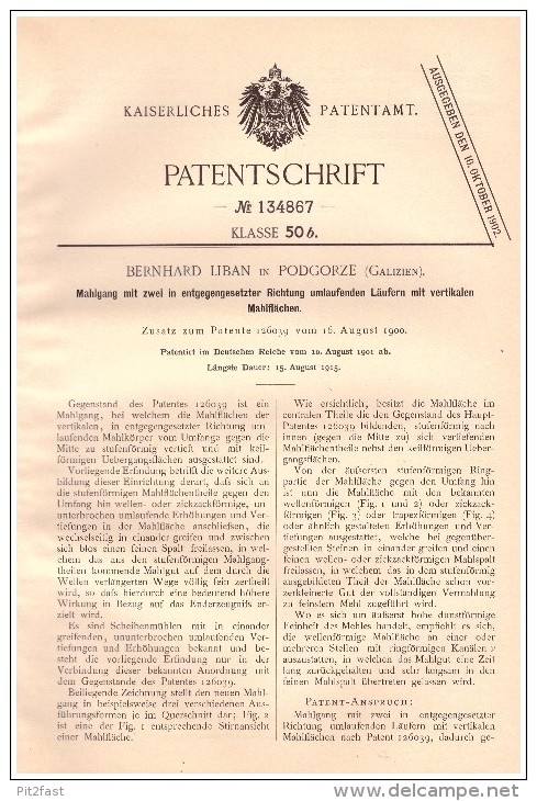 Original Patent - Bernhard Liban In Podgorze B. Krakau , 1901 , Mahlgang Für Mühle , Windmühle !!! - Historische Dokumente