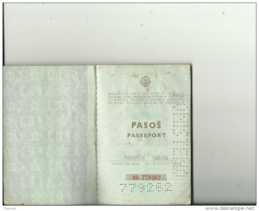 P93  --  SFR  YUGOSLAVIA  ---  PASSPORT  --   LADY PHOTO  --   1980   --  VISA GREECE, FRANCE  --  REVENUE, TAX STAMP - Historical Documents