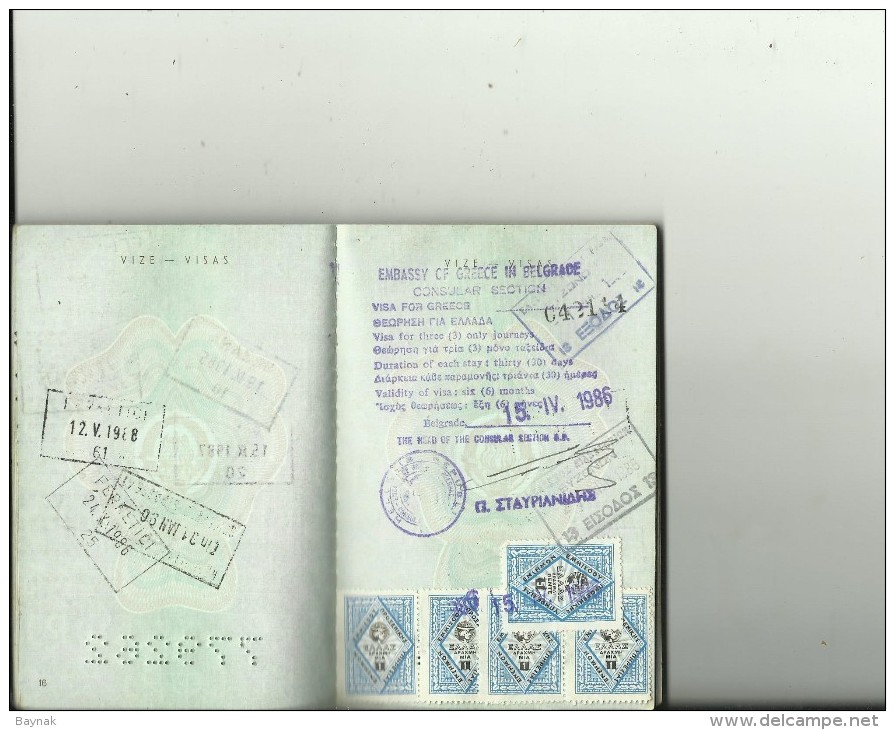 P93  --  SFR  YUGOSLAVIA  ---  PASSPORT  --   LADY PHOTO  --   1980   --  VISA GREECE, FRANCE  --  REVENUE, TAX STAMP