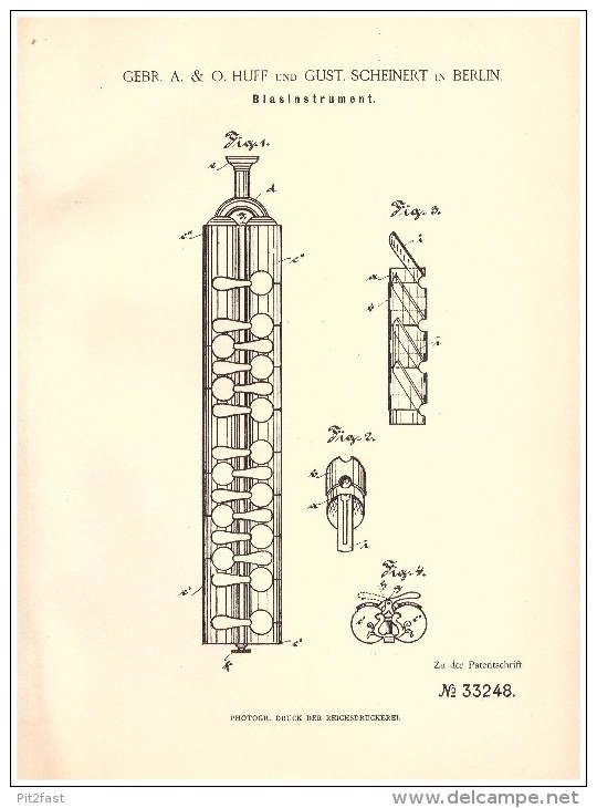 Original Patent - O. Huff Und G. Scheinert In Berlin , 1885 , Blasinstrument , Trompete , Tuba , Posaune !!! - Instrumentos De Música