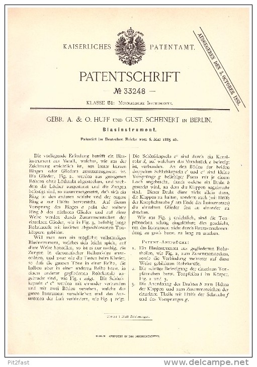 Original Patent - O. Huff Und G. Scheinert In Berlin , 1885 , Blasinstrument , Trompete , Tuba , Posaune !!! - Musical Instruments