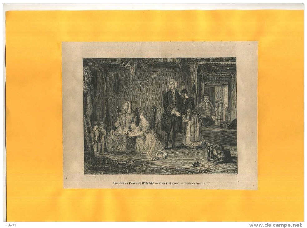 - UNE SCENE DE WAKEFIELD . REPENTIR ET PARDON . GRAVURE SUR BOIS  DU XIXe S . DECOUPEE ET COLLEE SUR PAPIER . - Religion & Esotérisme