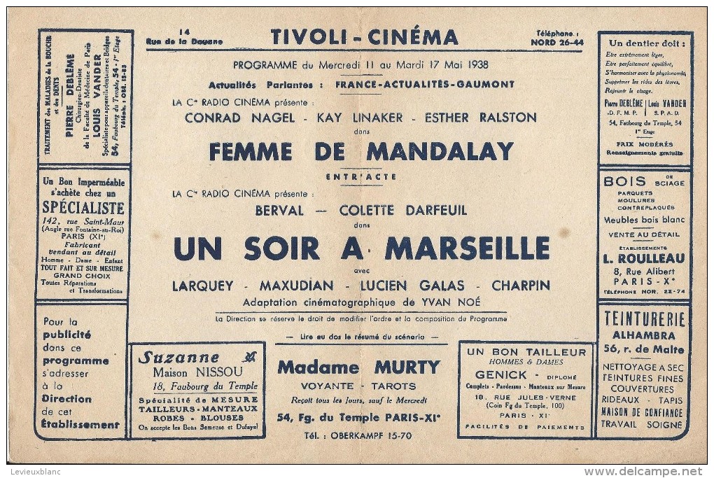 Cinéma/ Théatres Gaumont Aubert/"Femme De Mandalay"/Conrad Nagel/ " Un Soir à Marseille"/ Larquet/Charpin/1938   CIN24 - Programs