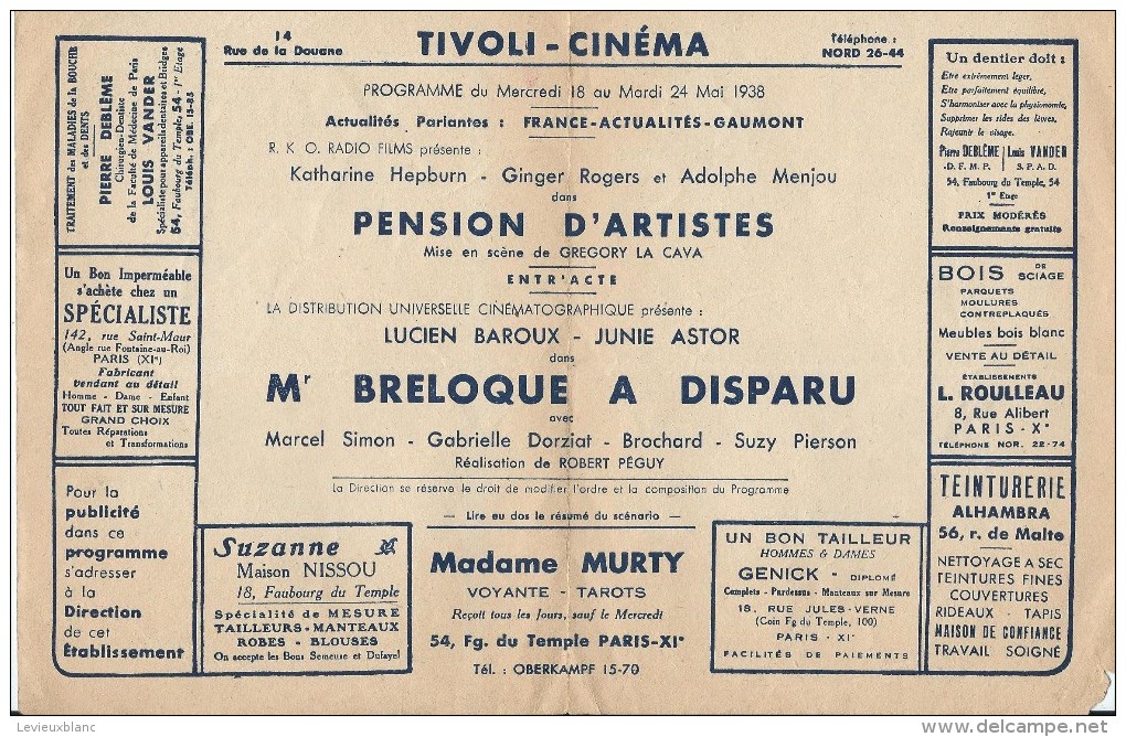 Cinéma/ Théatres Gaumont Aubert/Cinéma Saint Paul/ "Pension D´Artiste"/"Mr Breloque A Disparu"//1938  CIN26 - Programs