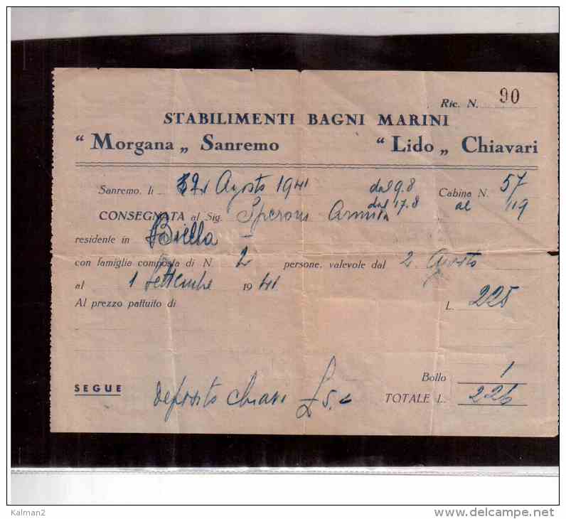 C74   -   STABILIMENTI BAGMI MARINI - SANREMO   /   2 AGOSTO 1941 - Biglietti D'ingresso