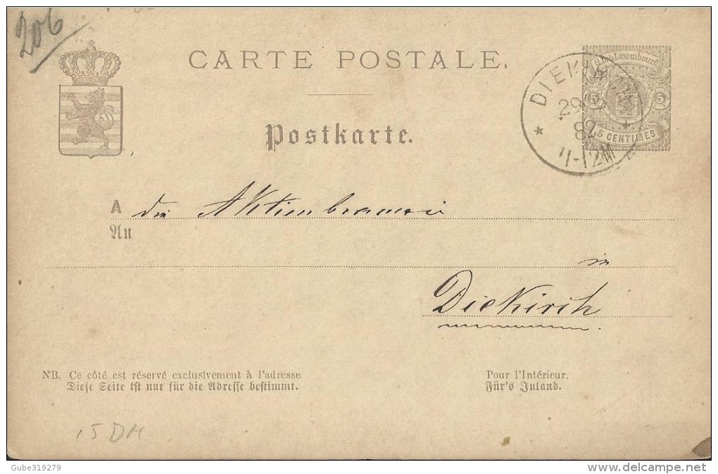 LUXEMBOURG 1882 - PRE-STAMPED POSTAL CARD OF 5 C FROM DIEKIRCK A DIEKIRCH 29 ?? REJAL255/12 - 1859-1880 Stemmi