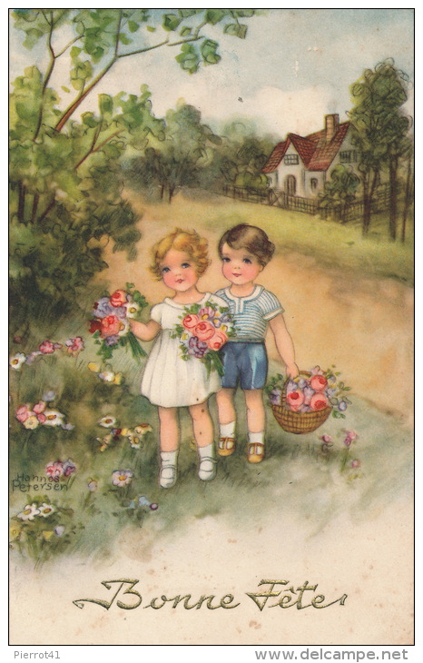 ENFANTS - LITTLE GIRL - MAEDCHEN - Jolie Carte Fantaisie Enfants Et Fleurs "Bonne Fête" Signée HANNES PETERSEN - Petersen, Hannes