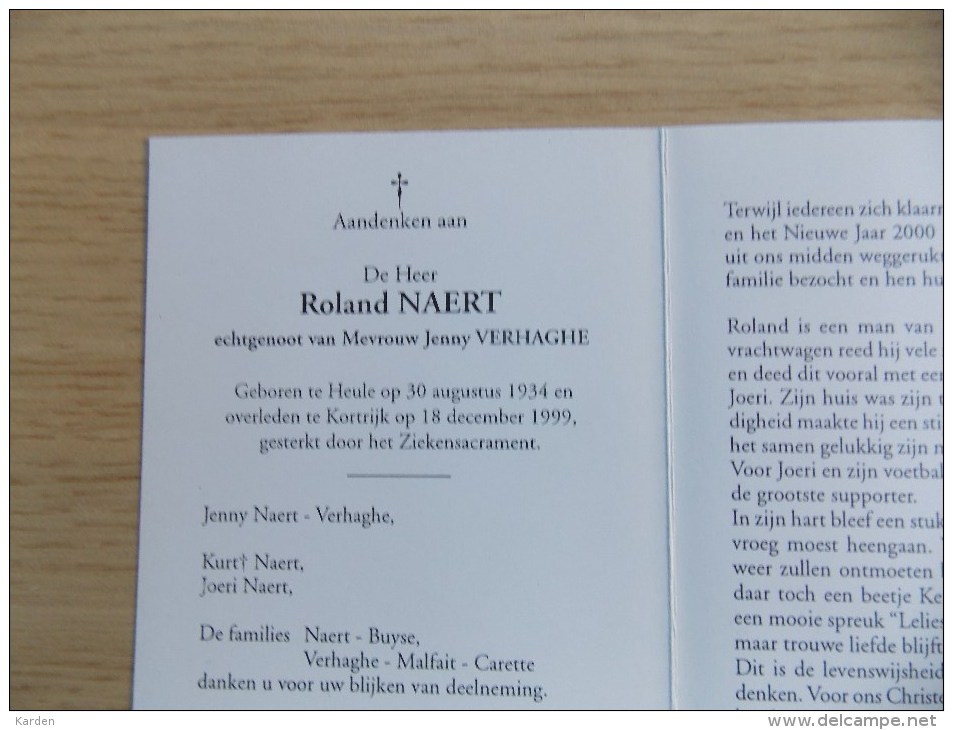 Doodsprentje Roland Naert Heule 30/8/1934 Kortrijk 18/12/1999 ( Jenny Verhaghe ) - Religione & Esoterismo