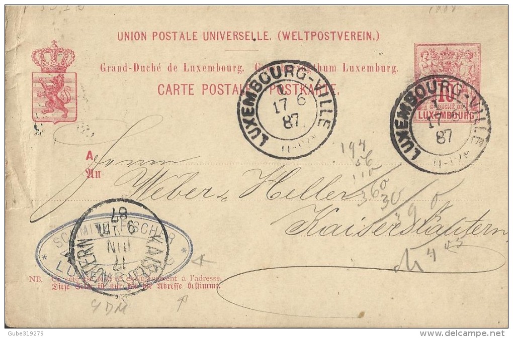 LUXEMBOURG 1887 - PRE-STAMPED POSTAL CARD OF 10 C FROM  LUXEMBOURG A KAISERLAUTJUN 16, 1889  ARR JUN 17 REJAL255/7 PLEAS - 1882 Allegorie