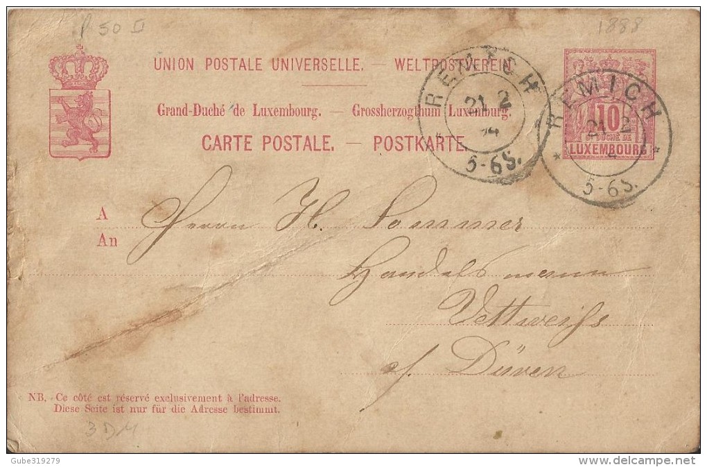 LUXEMBOURG 1894 - PRE-STAMPED POSTAL CARD OF 10 C FROM  REMICH FEB 21,   REJAL255/6 - 1882 Allegorie