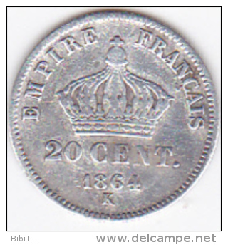 SECOND EMPIRE.20 Centimes 1864 K  (BORDEAUX).Napoléon III Tête Laurée . ARGENT - Otros & Sin Clasificación