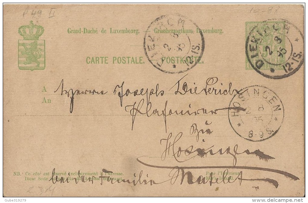 LUXEMBOURG 1895 - PRE-STAMPED POSTAL CARD OF 5 C FROM DIEKIRCH A HOSINGEN AUG 2   REJAL255/36 - 1882 Allegorie