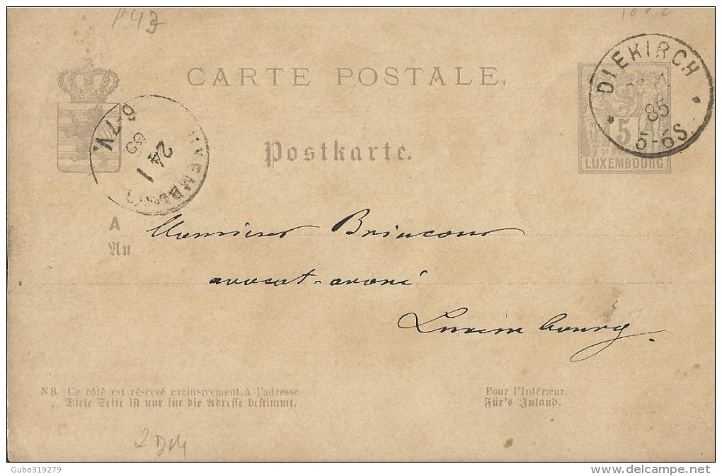 LUXEMBOURG 1885 - PRE-STAMPED POSTAL CARD OF 5 C FROM DIEKIRCH A LOUXEMBOURG JAN 23 ARR JAN 24  REJAL255/25 - 1882 Allegory