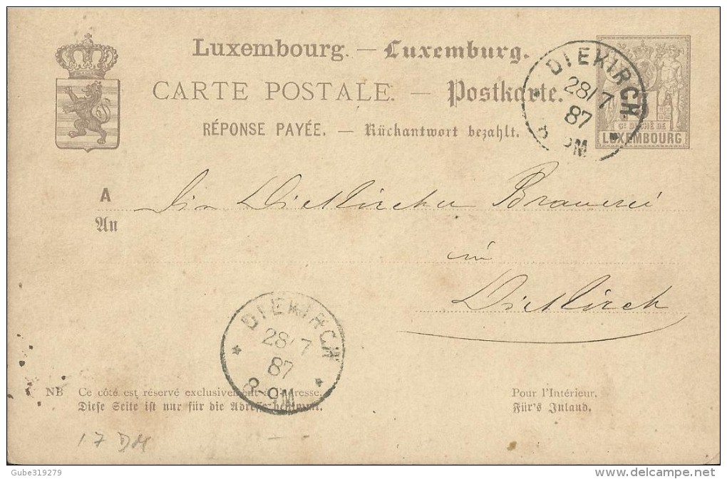 LUXEMBOURG 1887 - PRE-STAMPED POSTAL CARD OF 5 C FROM DIEKIRCH A DIEKIRCH JUL 28   REJAL255/22 - 1882 Allegorie