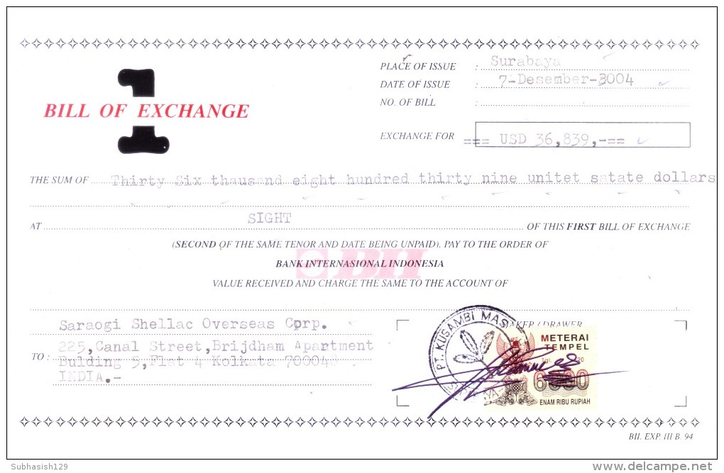 INDONESIA - BILL OF EXCHANGE - 2004 - Bills Of Exchange