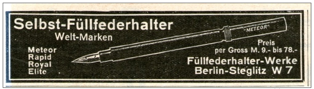 Original-Werbung/Inserat/ Anzeige 1912 - SELBST-FÜLLFEDERHALTER METEOR - Ca. 90 X 25 Mm - Publicités