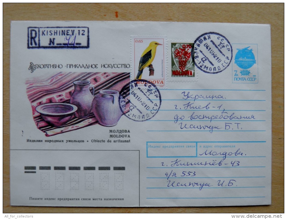 Cover Sent From Moldova 1992, Registered Kishinev Postal Stationery USSR Mixed Stamps Bird Oiseaux Overprint Grapes 0,70 - Moldavia