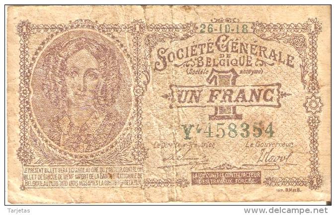 BILLETE DE BELGICA DE 1 FRANC DEL 26-10-1918  (BANKNOTE) RARO - 1-2 Frank