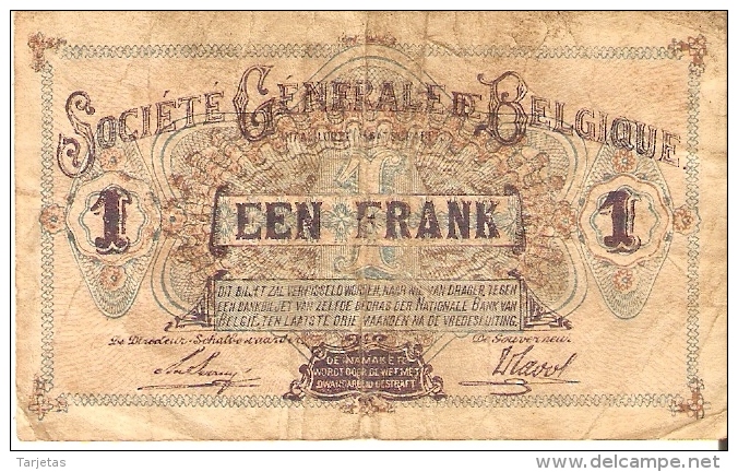 BILLETE DE BELGICA DE 1 FRANC DEL 26-10-1918  (BANKNOTE) RARO - 1-2 Frank