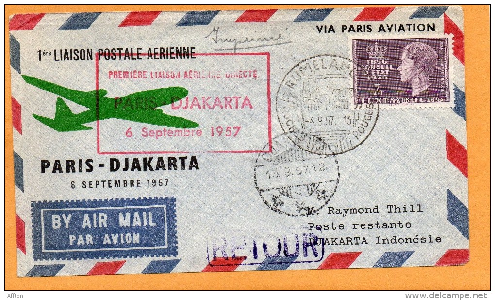 Luxembourg Paris Djakarta 1957 Air Mail Cover Mailed - Briefe U. Dokumente