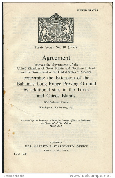 1952 HMSO Treaty Series 10 USA / UK Government Turks &amp; Caicos Misile Flight Range Sites - Historical Documents