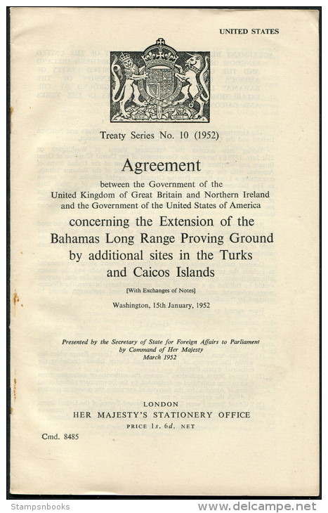 1952 HMSO Treaty Series 10 USA / UK Government Turks &amp; Caicos Missile Flight Range Sites - Historische Documenten