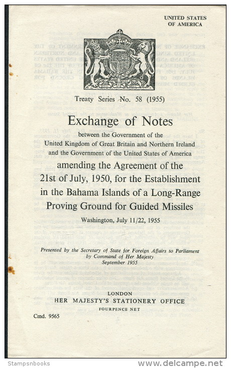 1955 HMSO Treaty Series 58 USA / UK Government Bahamas Missile Flight Range Sites - Historical Documents