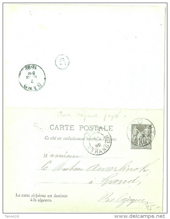 LBL26BIS - CPRP SAGE 15c+15c REPIQUAGE CHAUMEL DU PLANCHAT PARIS/GAND MARS 1892 - Overprinter Postcards (before 1995)