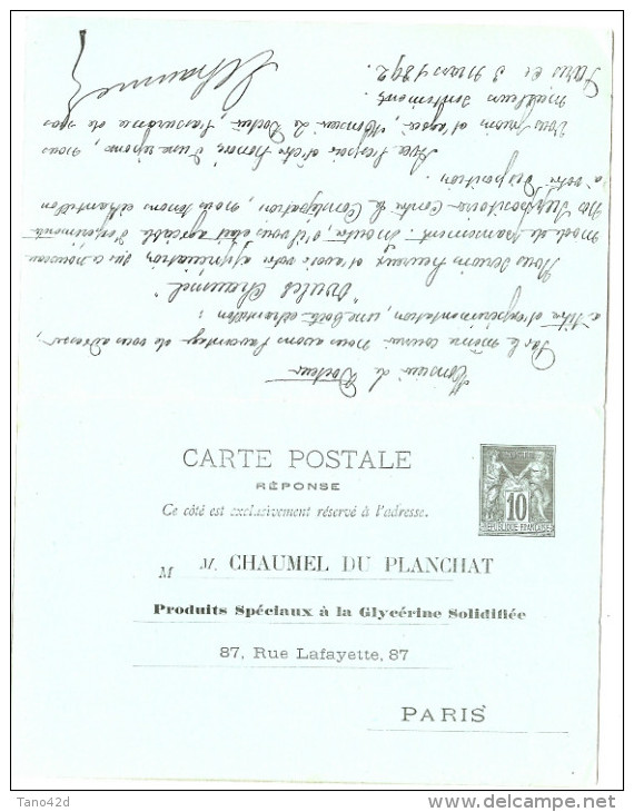 LBL26BIS - CPRP SAGE 15c+15c REPIQUAGE CHAUMEL DU PLANCHAT PARIS/GAND MARS 1892 - Overprinter Postcards (before 1995)