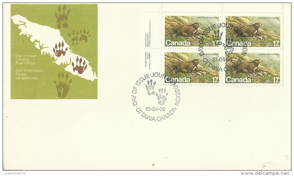 CANADA 1981 - FDC: NATURE- MARMOTA VANCOUVERENSIS W UPPER LEFT BLOCK OF 4 STS OF 17 C POSTM OTTAWA APR 6, 1981 RECA2196 - 1981-1990