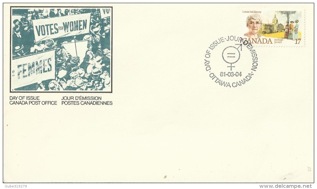 CANADA 1981 - FDC:WOMEN RIGHTS-VOTES FOR WOMEN LOUISE MC KINNEY W 1 ST OF 17 C POSTM OTTAWA MAR 4, 1981RECA2197 - 1981-1990