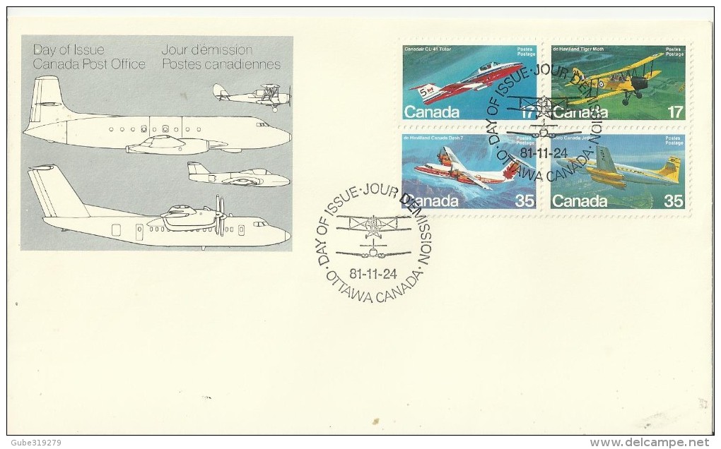 CANADA 1981 - FDC: AIRCRAFTS DH82C T.MOTH-AVRO C-102-CANADAIR CL-41-DHC-7 DASH 7  W 1 BLOCK OF 4 STS:2OF 17C-2OF 35 C P - 1981-1990