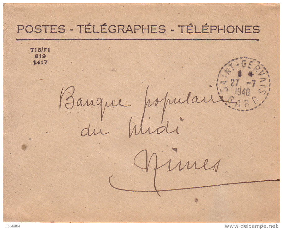 GARD - SAINT GERVAIS - 27-7-1948 - ENVELOPPE POSTES-TELEGRAPHES-TELEPH ONES. - Cachets Manuels