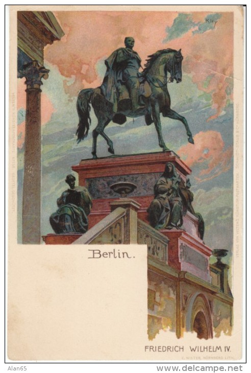 Kley Artist Signed, Berlin Friedrich Wilhelm IV Statue, C1900s Vintage Postcard - Kley