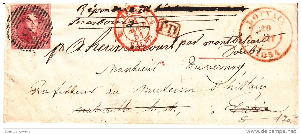 BELGIUM USED COVER 20/08/1851 COB 5 Margé BELLE NUANCE LOUVAIN VERS PARIS BELG/VALENCIENNES PAR MONTHEBIARD DOUBS - 1849-1850 Médaillons (3/5)