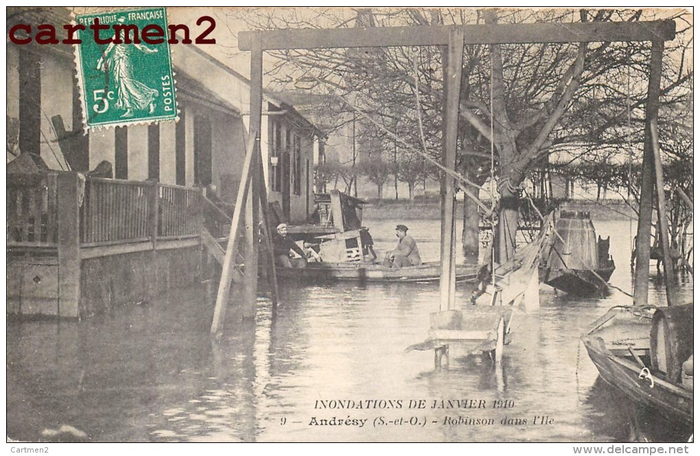 ANDRESY INONDATIONS 1910 ROBINSON DANS L'ILE ENVOI A RICHEVEUX SOIGNOLLES COUBERT - Andresy