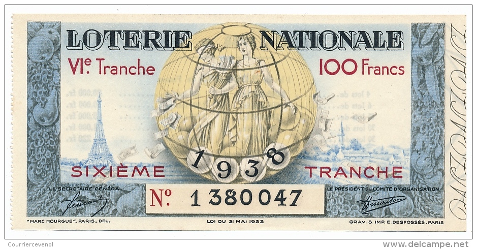 Billet Loterie Nationale - 100 F - 6eme Tranche - 1938 - 1380047 - Billets De Loterie
