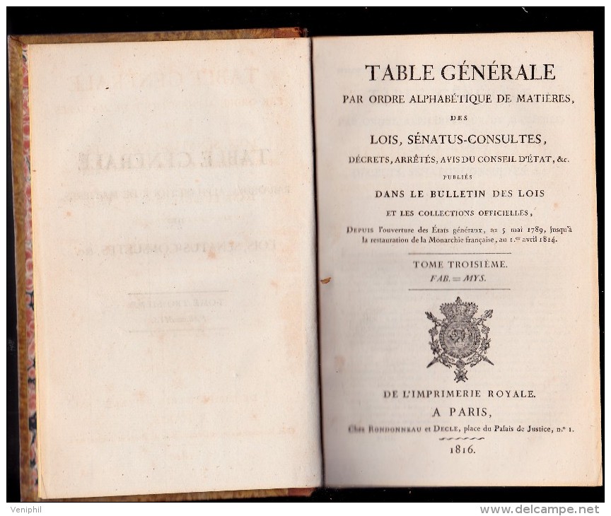 LIVRE DES LOIS,SENATUS-CONSULTES -DES ETATS GENERAUX-1789 A LA MONARCHIE DE 1814 - 1801-1900