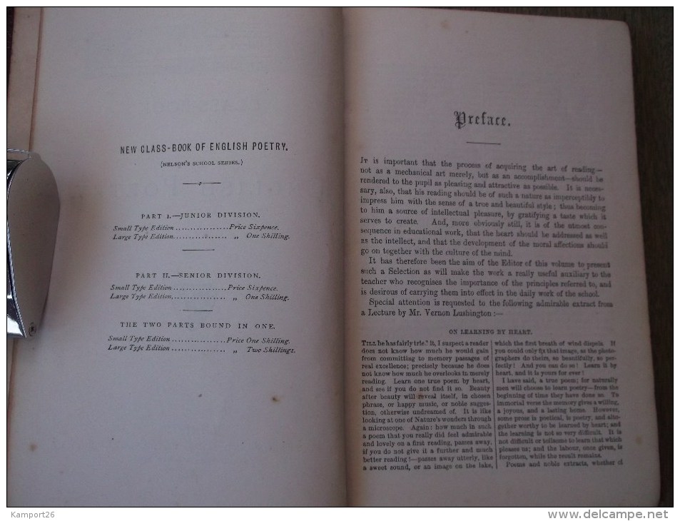 1876 CLASS BOOK Of ENGLISH POETRY Nelson's School Series L'ÉCOLE DE LA SÉRIE Junior Division LA POÉSIE ANGLAISE - Education/ Teaching