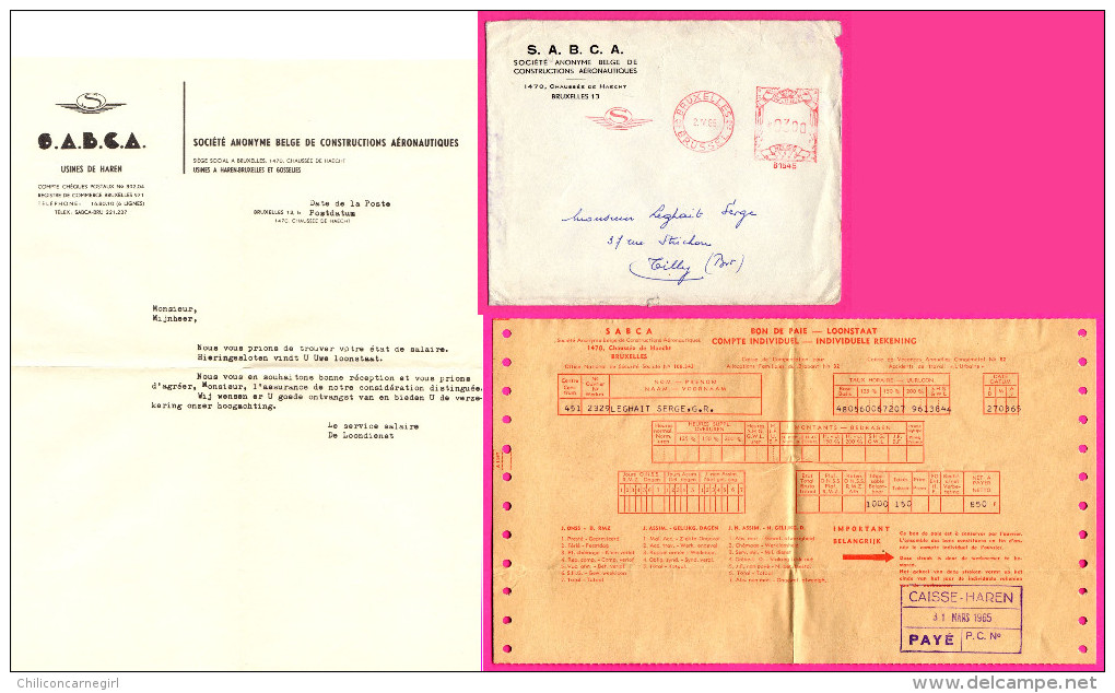 Société Anonyme Belge Constructions Aéronautiques - Enveloppe + Fiche De Paie + Lettre -1965 - HAREN - Transports