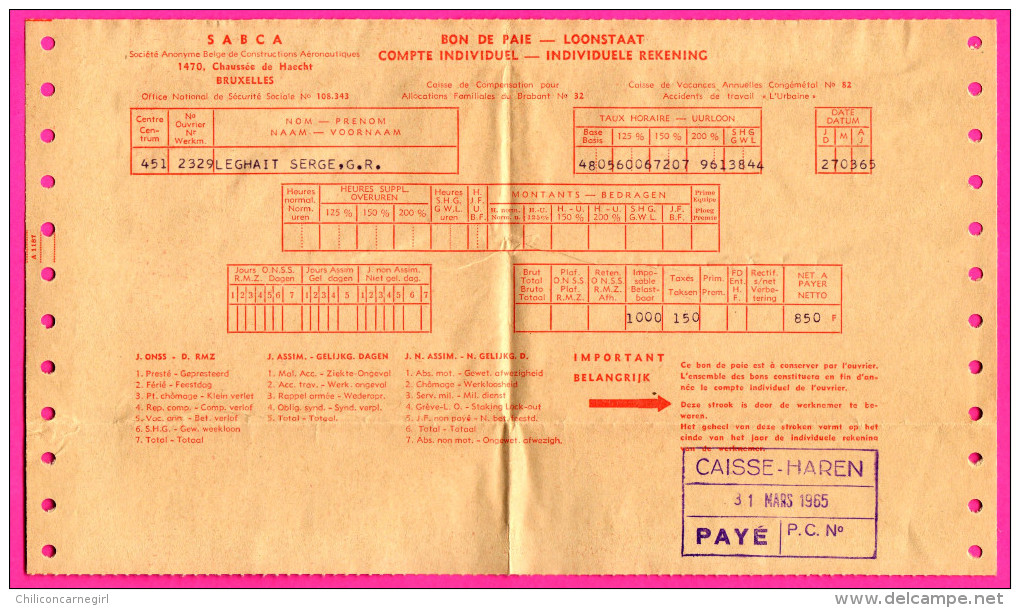 Société Anonyme Belge Constructions Aéronautiques - Enveloppe + Fiche De Paie + Lettre -1965 - HAREN - Transport