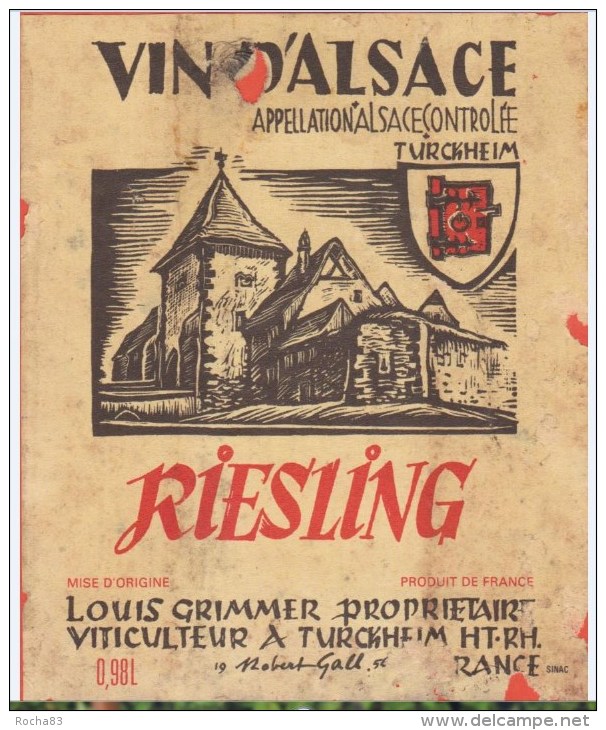 Etiquette VIN - ALSACE  RIESLING -  L. Grimmer à Turckheim - Riesling