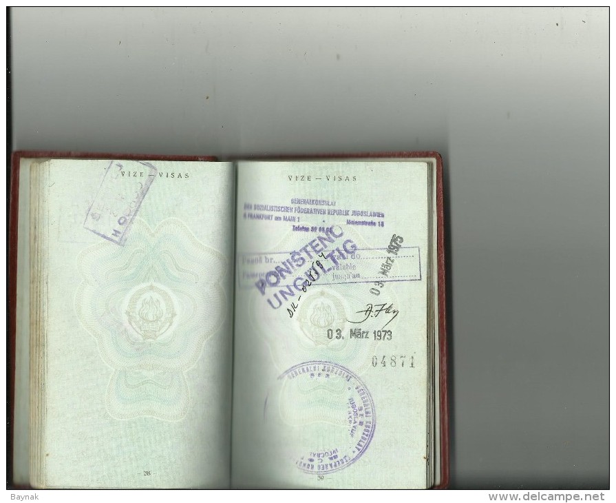 PM94  --  SFR  YUGOSLAVIA  --  PASSPORT - 1959  --  11  X  VISA  REVENUE, TAX STAMP  --  SWEDEN, DEUTSCHLAND, NEDERLAND