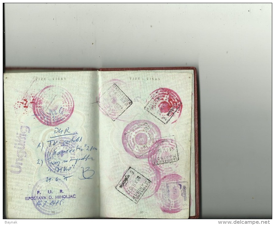 PM94  --  SFR  YUGOSLAVIA  --  PASSPORT - 1959  --  11  X  VISA  REVENUE, TAX STAMP  --  SWEDEN, DEUTSCHLAND, NEDERLAND