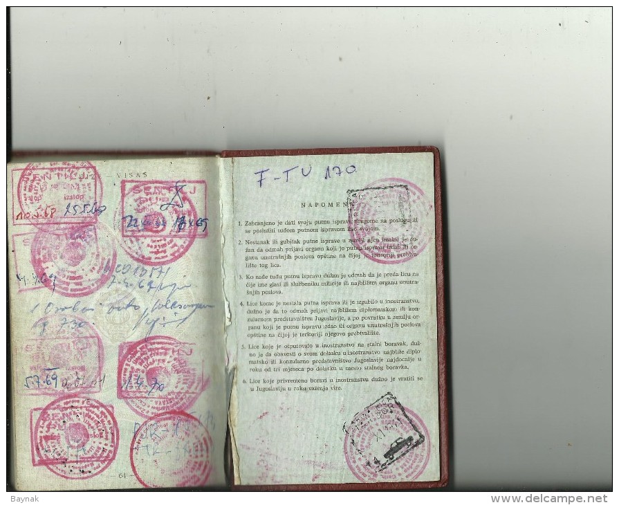 PM94  --  SFR  YUGOSLAVIA  --  PASSPORT - 1959  --  11  X  VISA  REVENUE, TAX STAMP  --  SWEDEN, DEUTSCHLAND, NEDERLAND