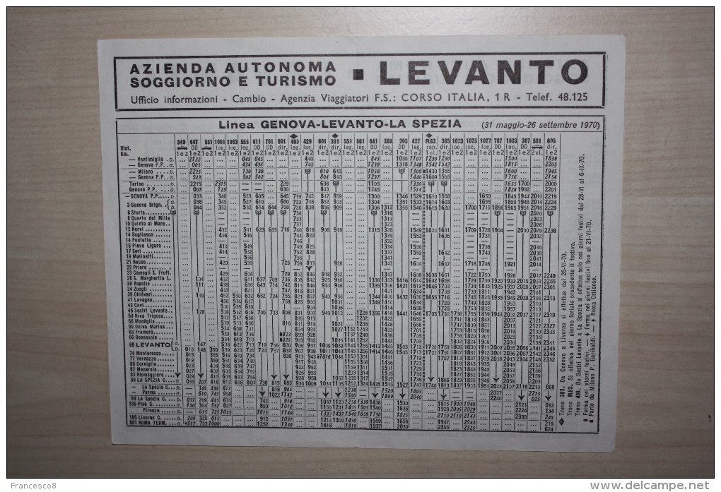 ORARIO FERROVIARIO DELLA LINEA  GENOVA LEVANTO LA SPEZIA VALIDO DAL 31 MAGGIO AL 26 SETTEMBRE 1970 - Altri & Non Classificati