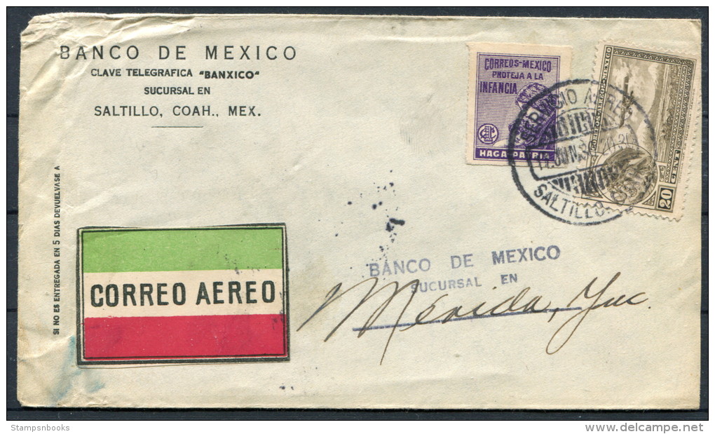 1930 Banco De Mexico Airmail Saltillo Monterrey Merida Cover - Mexico