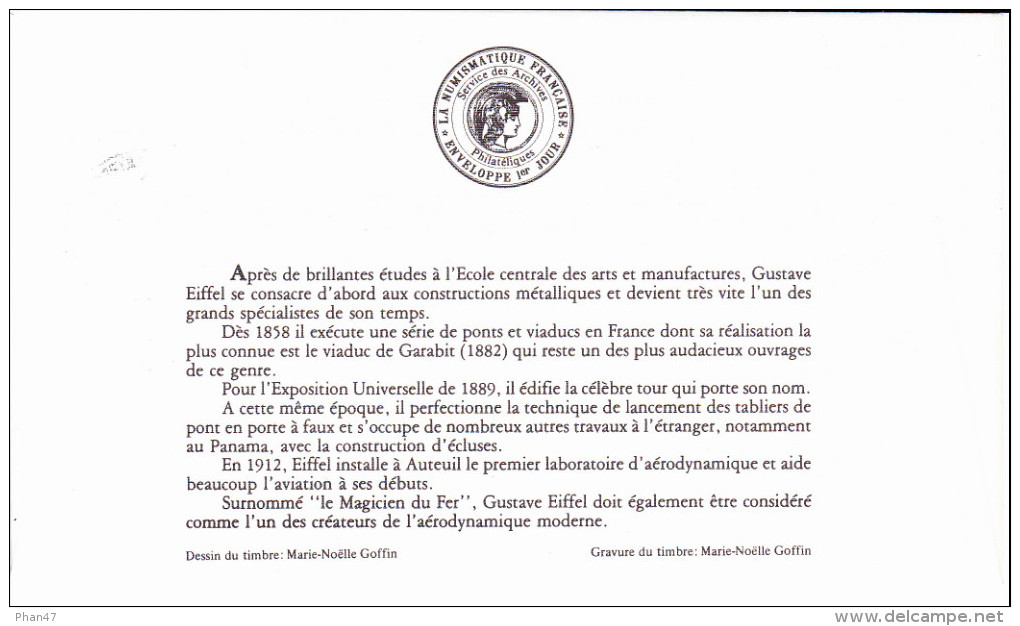 DIJON (21)  Gustave EIFFEL, Ingénieur, (Tour Eiffel, Viaduc De Garabit), Dessin DeMarie-Noëlle Goffin, FDC, 18/12/1982 - 1980-1989