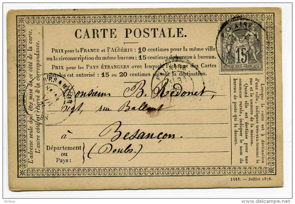 CARTE PRECURSEUR(CPO) : T18 FALAISE  / Dept 13 Calvados / 31 Octobre 1876 / TP SAGE - 1877-1920: Période Semi Moderne