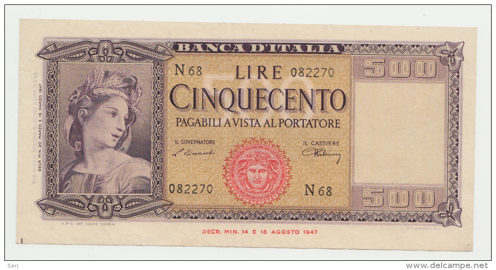 Italy 500 Lire 1947 XF Banknote P 80a - 500 Lire